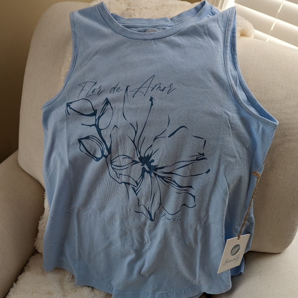 Beachly Flor de Amor Cotton Tropical Floral Print Tank Top Blue Size XS NWT